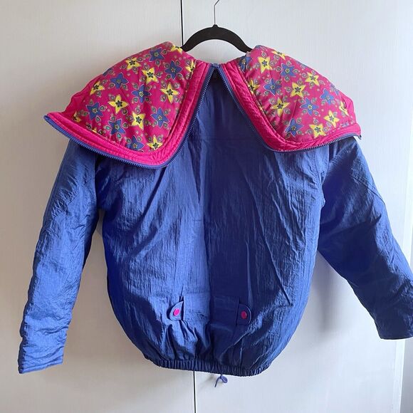 Vintage Fast Turn Down Jacket Womens Medium 10/12 Full Zip Blue Pink Collar Hood - Picture 5 of 5
